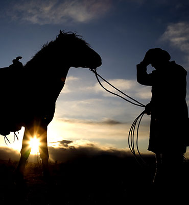 Silhouette of a cowboy and his horse at sunset